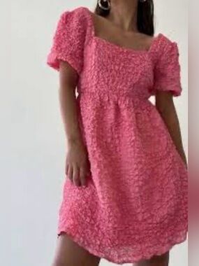 Girls' Pink Puff-Sleeve Textured Dress with Square Neck